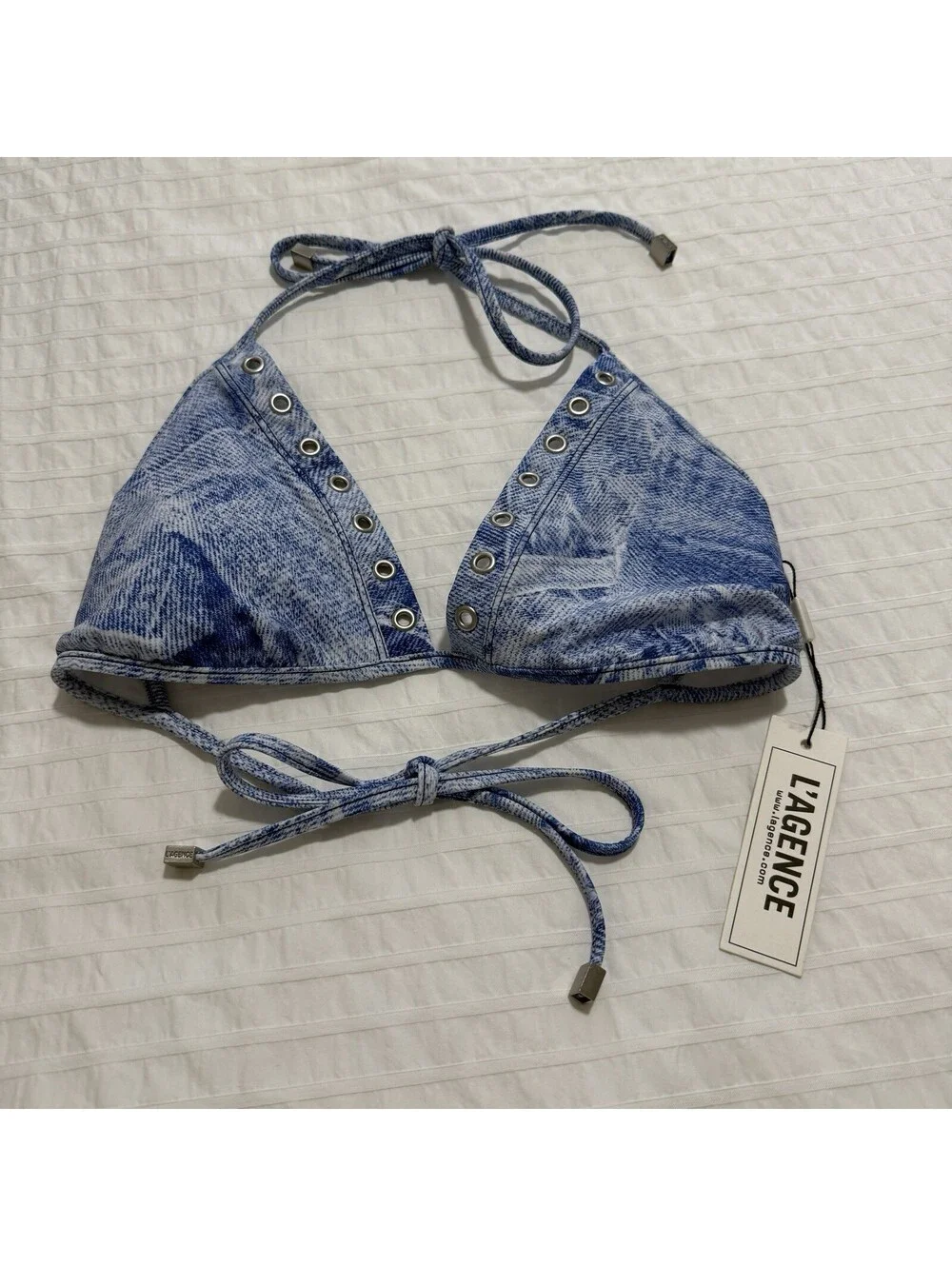 L'AGENCE Annabelle Denim Print Triangle Bikini Top Blue Swim M Medium NWT $185